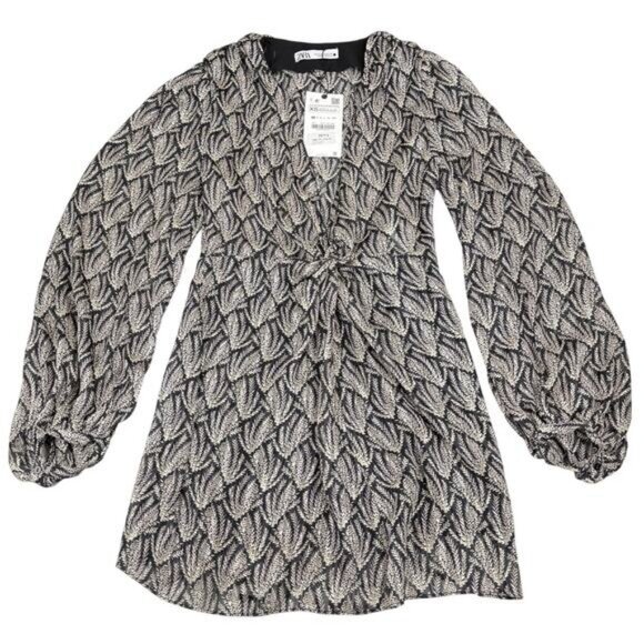 Zara Metallic Thread Knot Gray Black Mini Dress Size XS - Picture 6 of 10